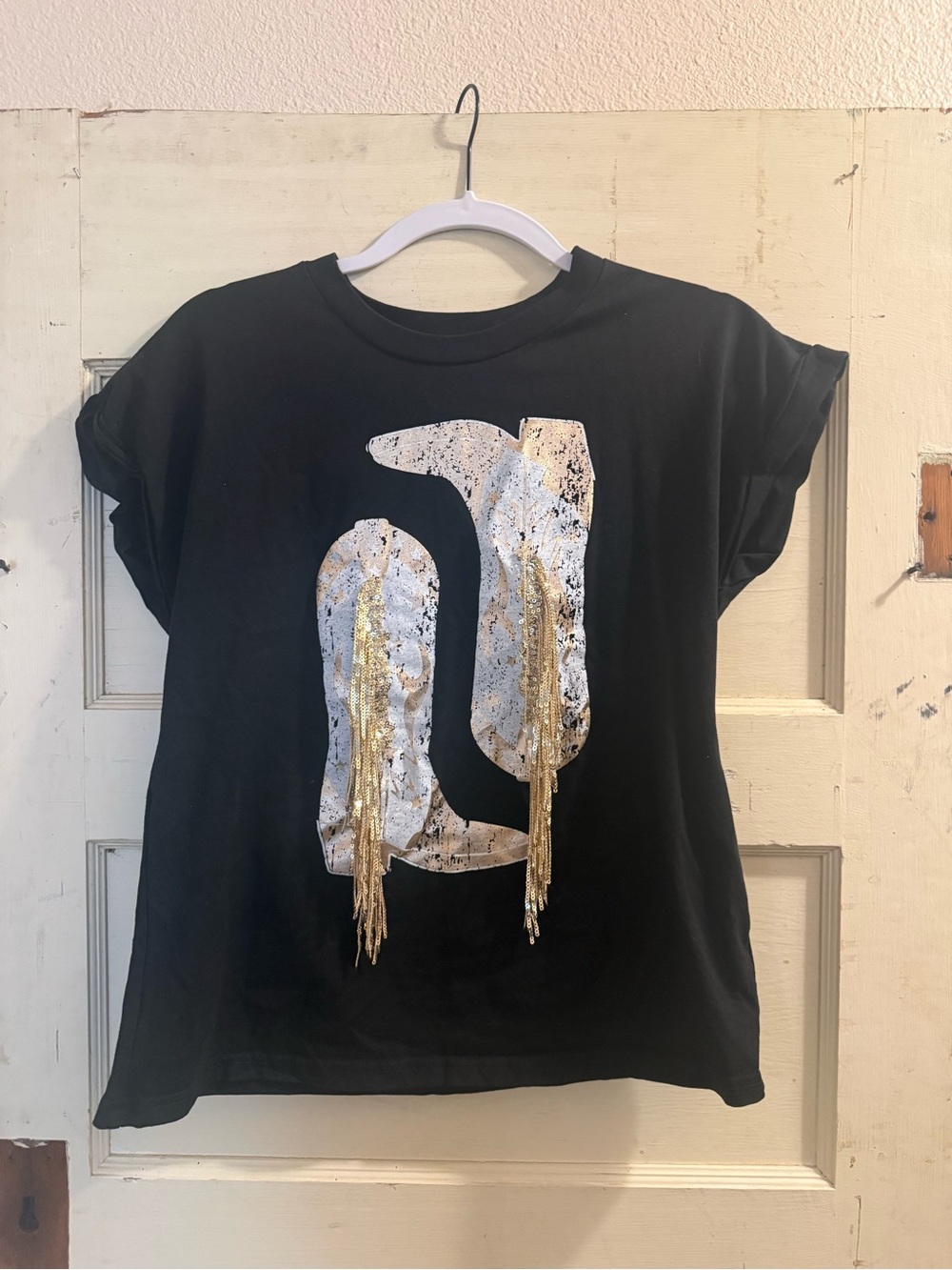 Blue B Black Western Cowboy Boot Sequin Fringe Tee S